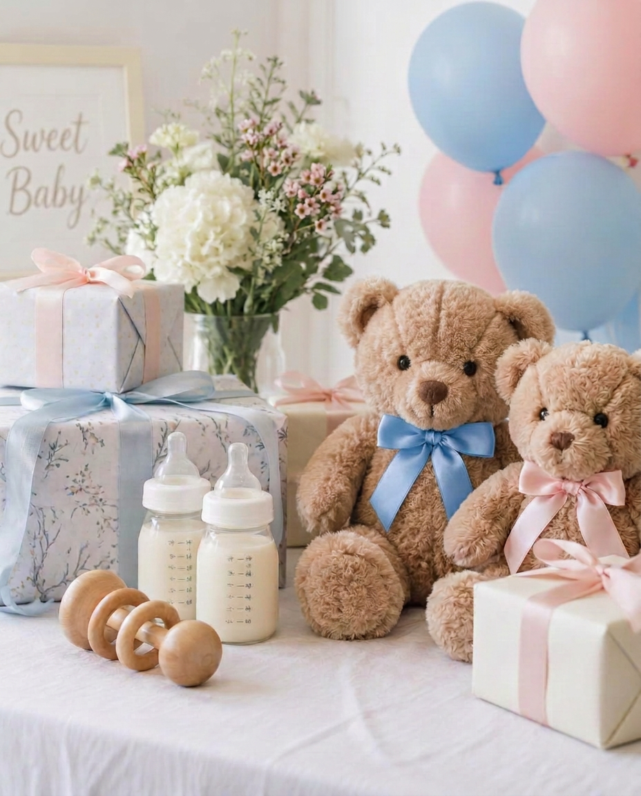 Baby shower table with two teddy bears, two baby bottles and blue and pink balloons